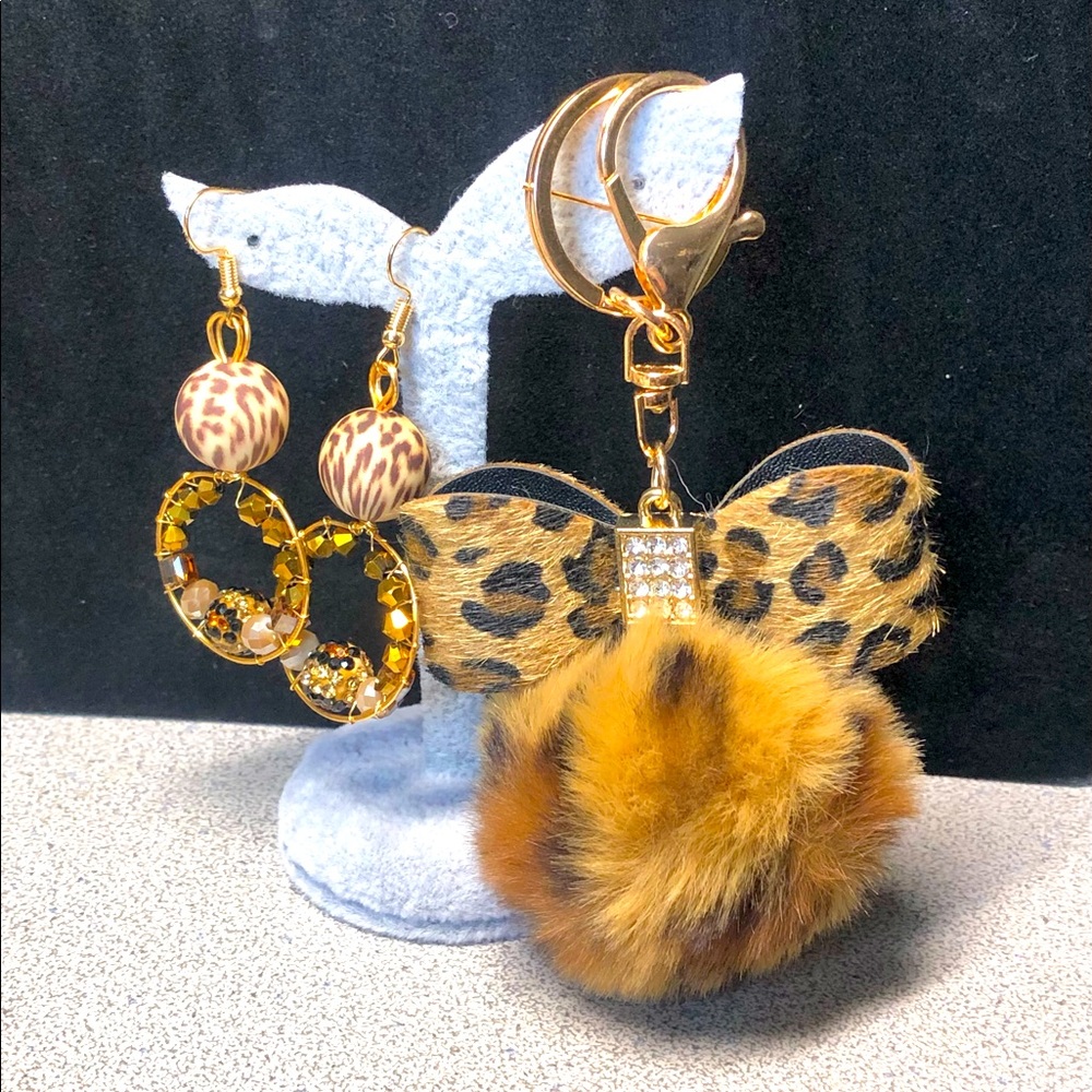 Set of two -faux fur key chain with leopard print accent and matching hoops